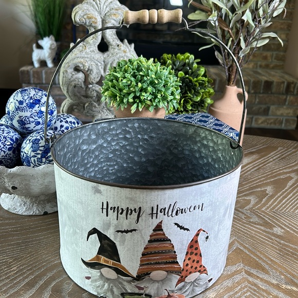 NEW! Cottage Farmhouse Enchanted Gnome Distressed Metal Halloween Bucket Basket - Picture 4 of 7